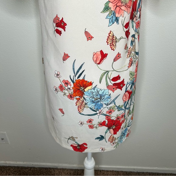 ZARA Cream & Red Floral V-Neck Shift Mini Dress Puff Sleeve Size S With Pockets - Picture 7 of 8